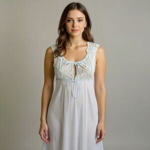 Vtg Shadowline Powder Pastel Blue Chiffon Overlay Lace Pearl Long Nightgown